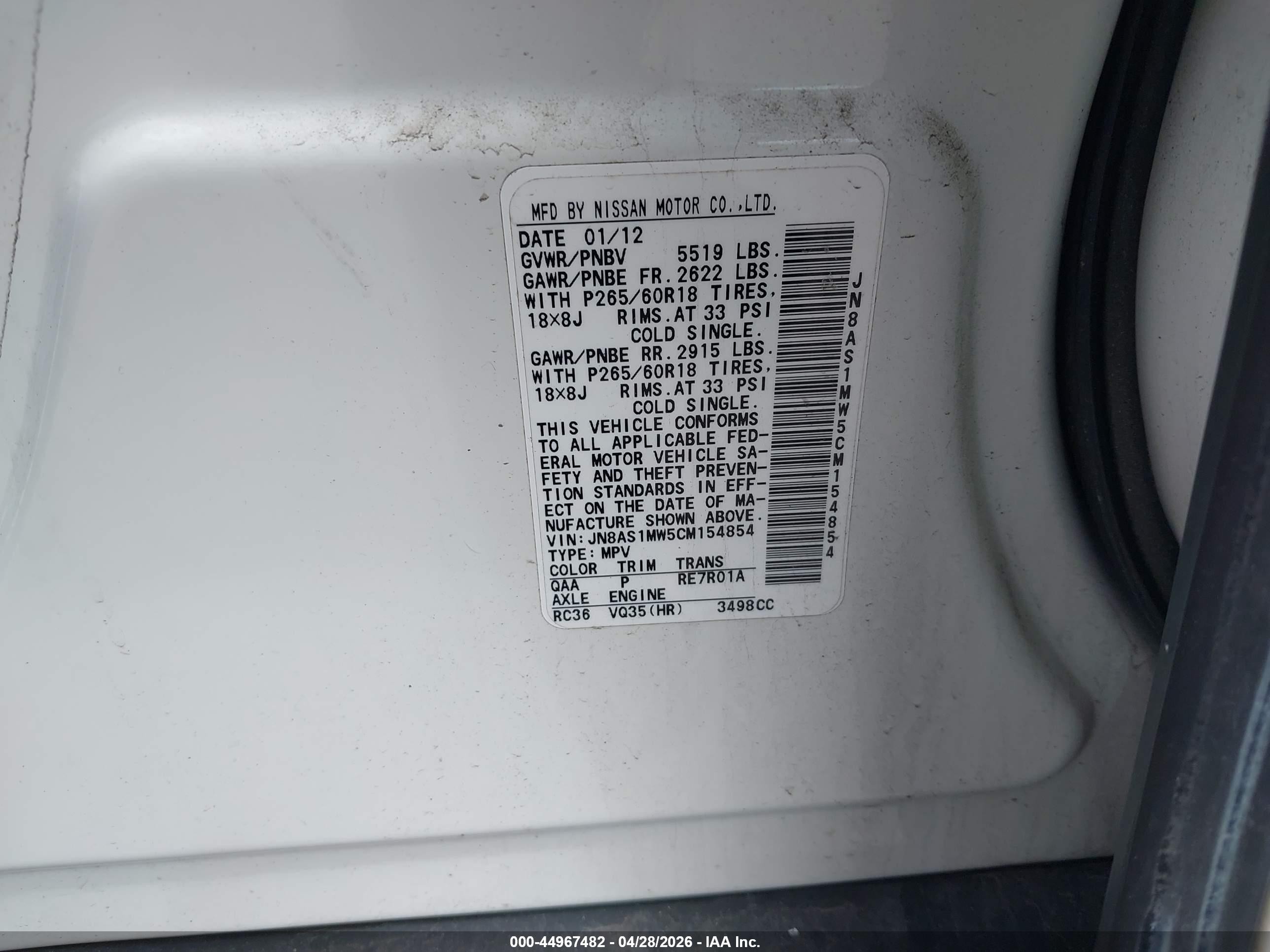 2012 Infiniti Fx35   White vin: JN8AS1MW5CM154854