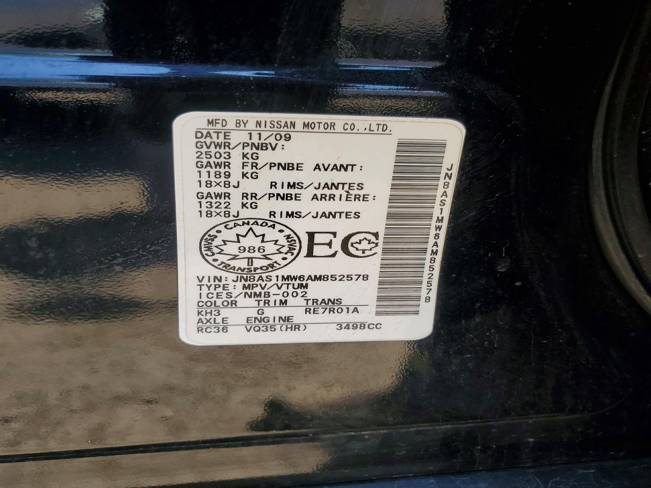2010 Infiniti Fx35 Base Black vin: JN8AS1MW6AM852578