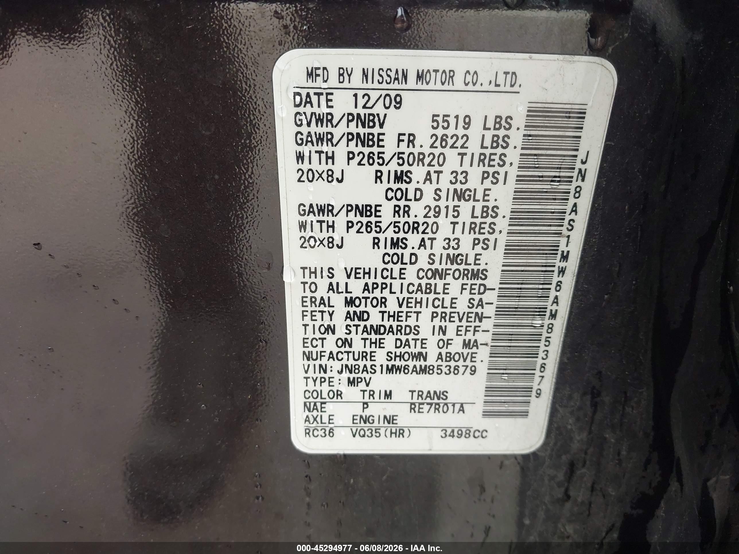 2010 Infiniti Fx35   Black vin: JN8AS1MW6AM853679