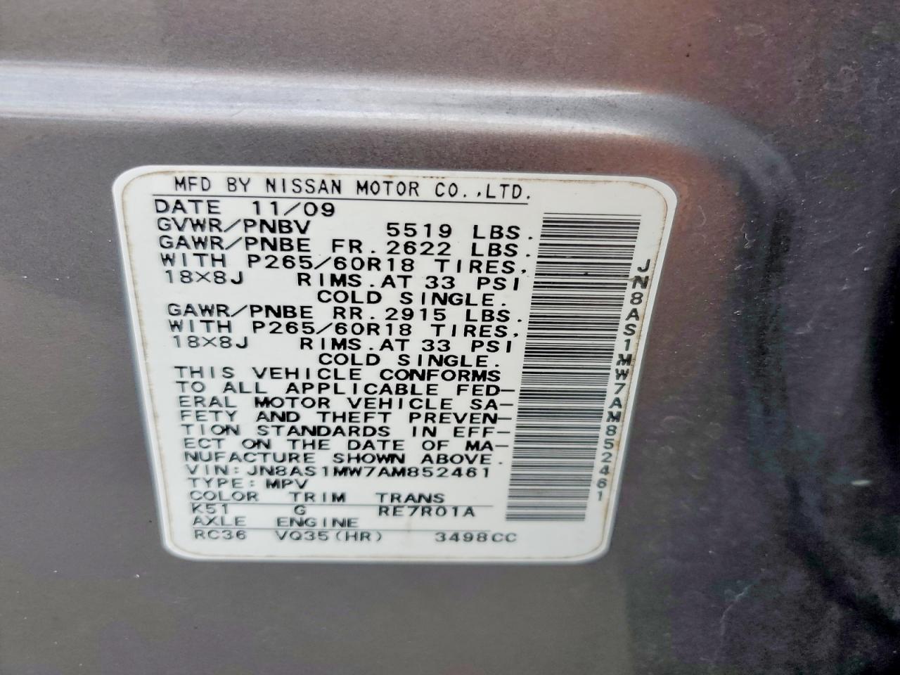 2010 Infiniti Fx35 Base Silver vin: JN8AS1MW7AM852461