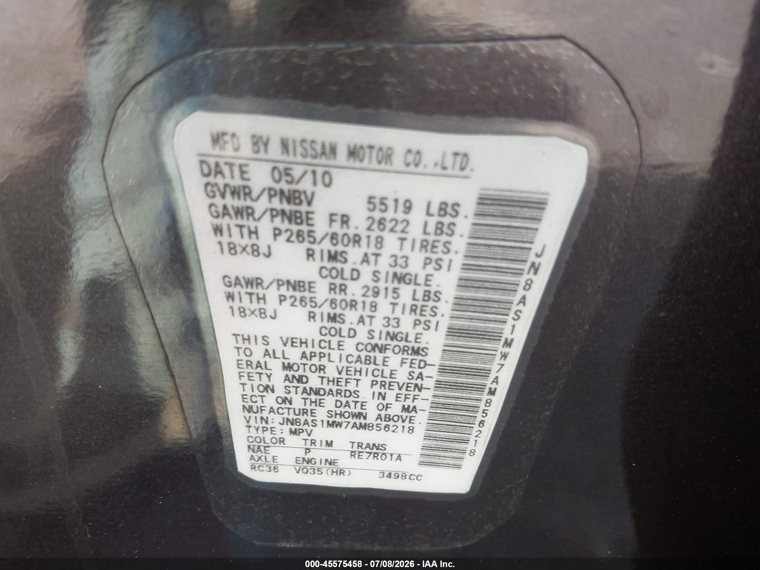 2010 Infiniti Fx35   Purple vin: JN8AS1MW7AM856218