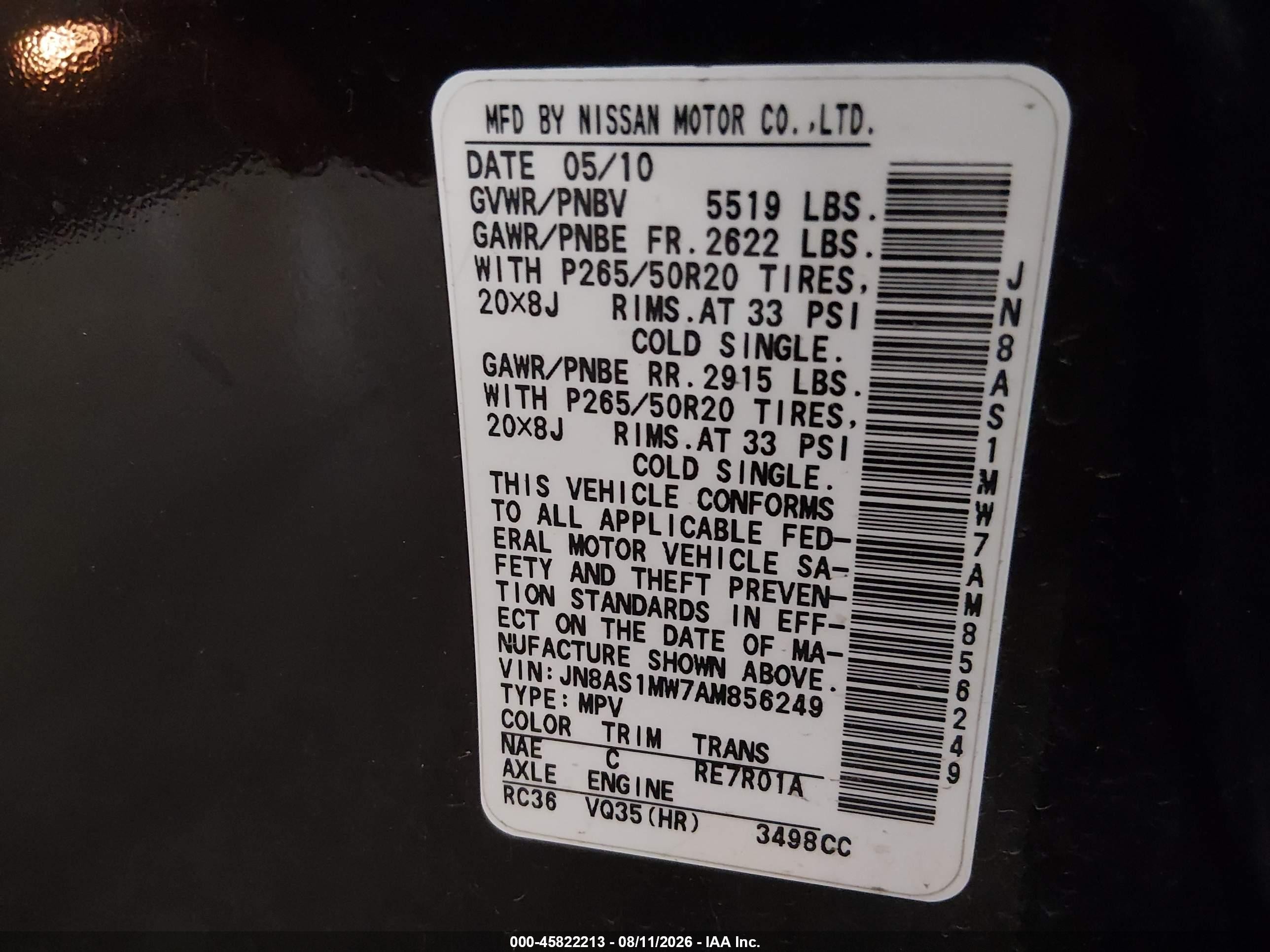 2010 Infiniti Fx35   Black vin: JN8AS1MW7AM856249