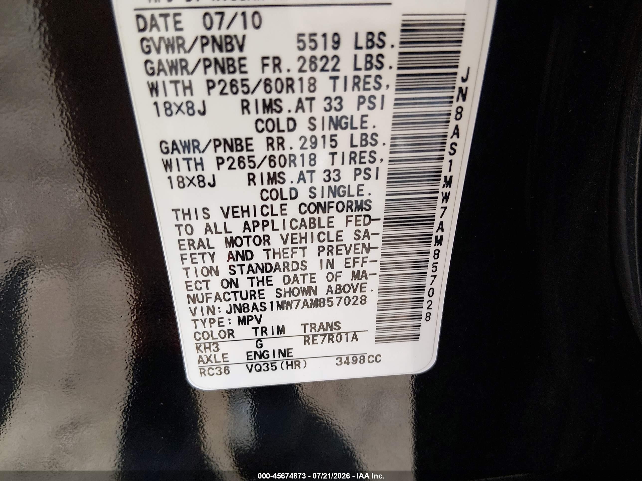 2010 Infiniti Fx35   Black vin: JN8AS1MW7AM857028