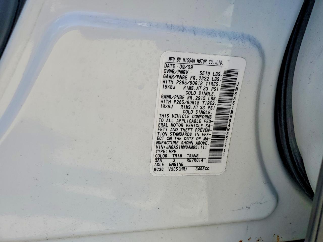 2010 Infiniti Fx35 Base White vin: JN8AS1MW8AM851111