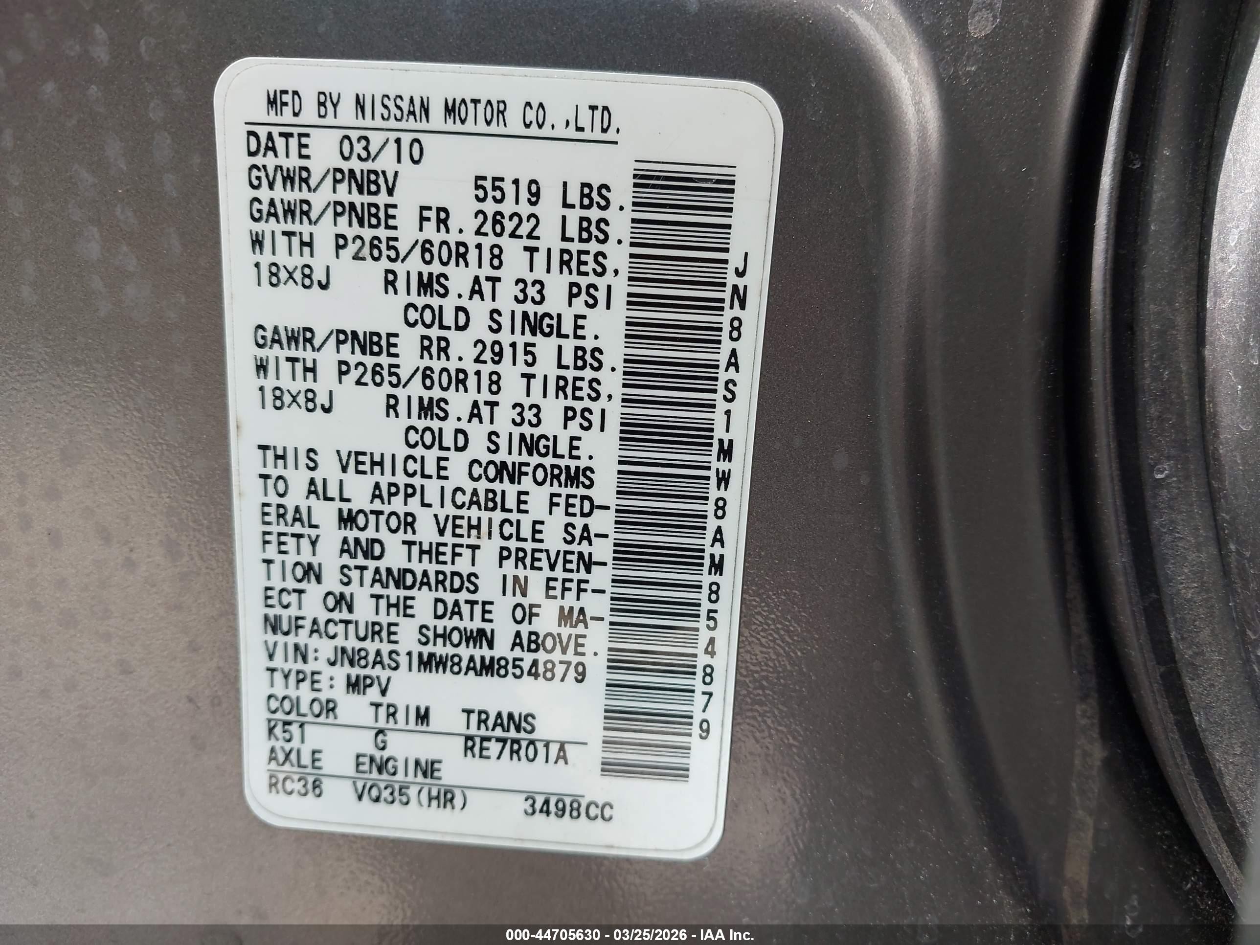 2010 Infiniti Fx35   Gray vin: JN8AS1MW8AM854879