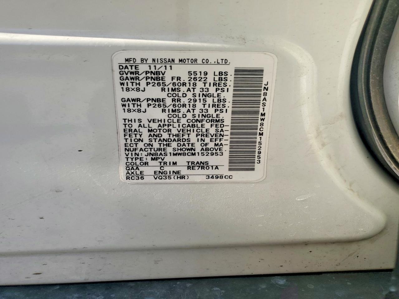 2012 Infiniti Fx35 White vin: JN8AS1MW8CM152953