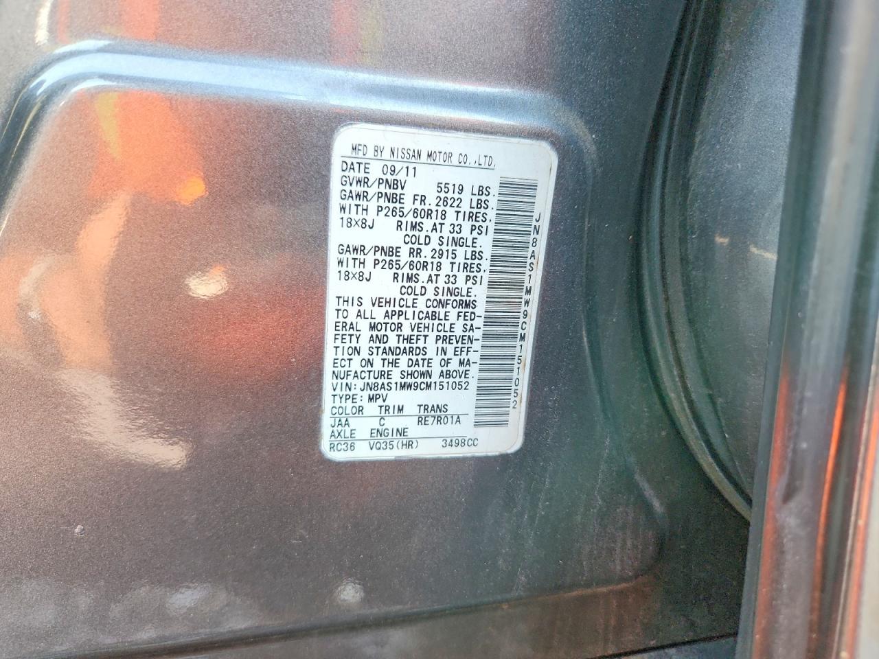 2012 Infiniti Fx35 Base Серый vin: JN8AS1MW9CM151052