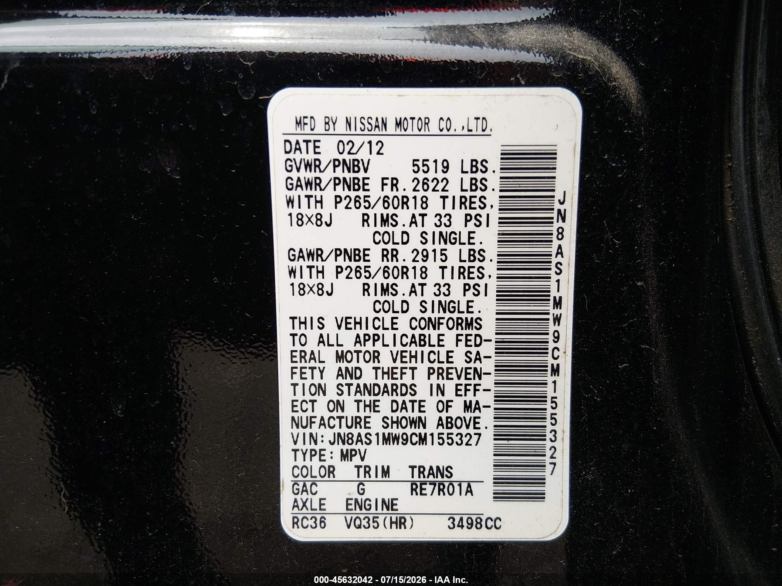 2012 Infiniti Fx35   Black vin: JN8AS1MW9CM155327