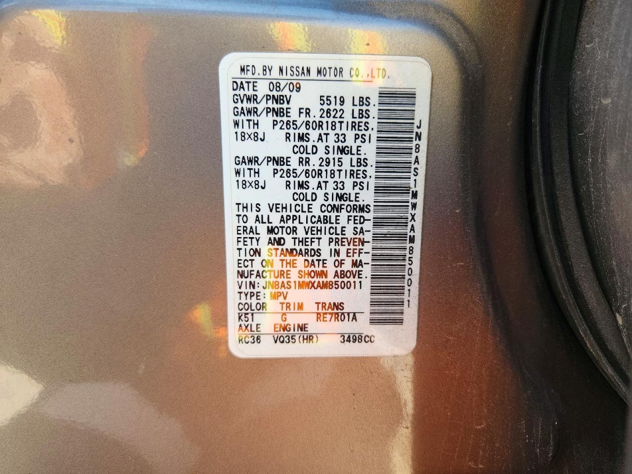 2010 Infiniti Fx35 Base Charcoal vin: JN8AS1MWXAM850011