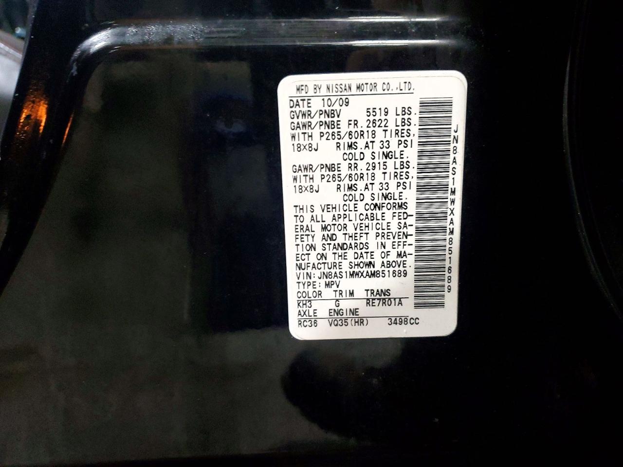 2010 Infiniti Fx35 Base Black vin: JN8AS1MWXAM851689