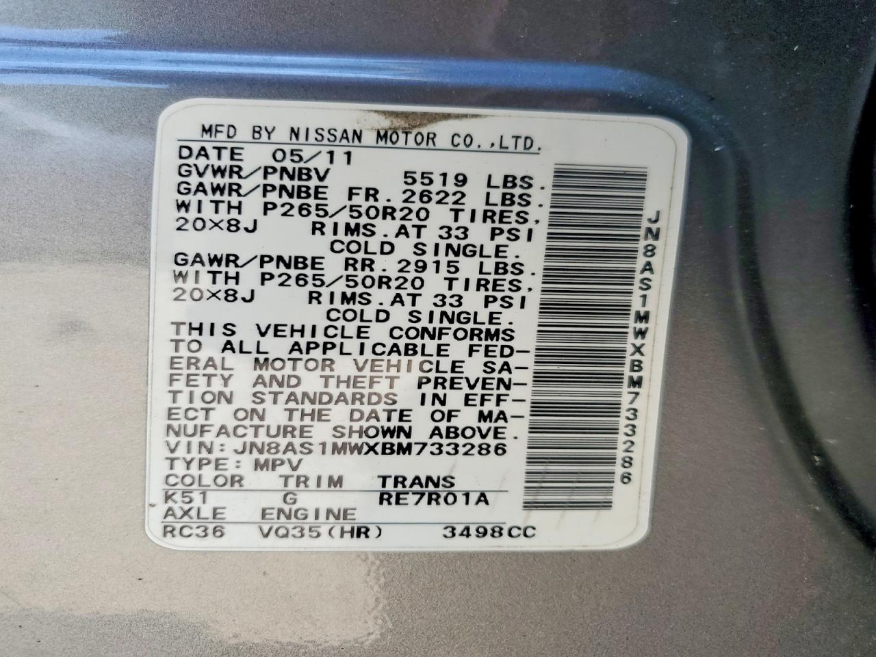 2011 Infiniti Fx35 Base Gray vin: JN8AS1MWXBM733286
