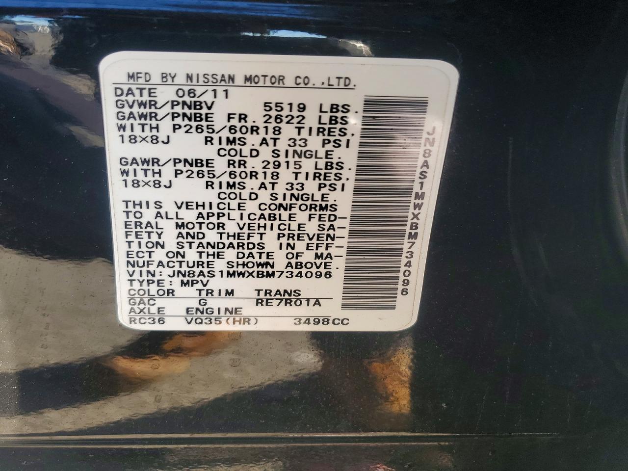 2011 Infiniti Fx35 Base Black vin: JN8AS1MWXBM734096