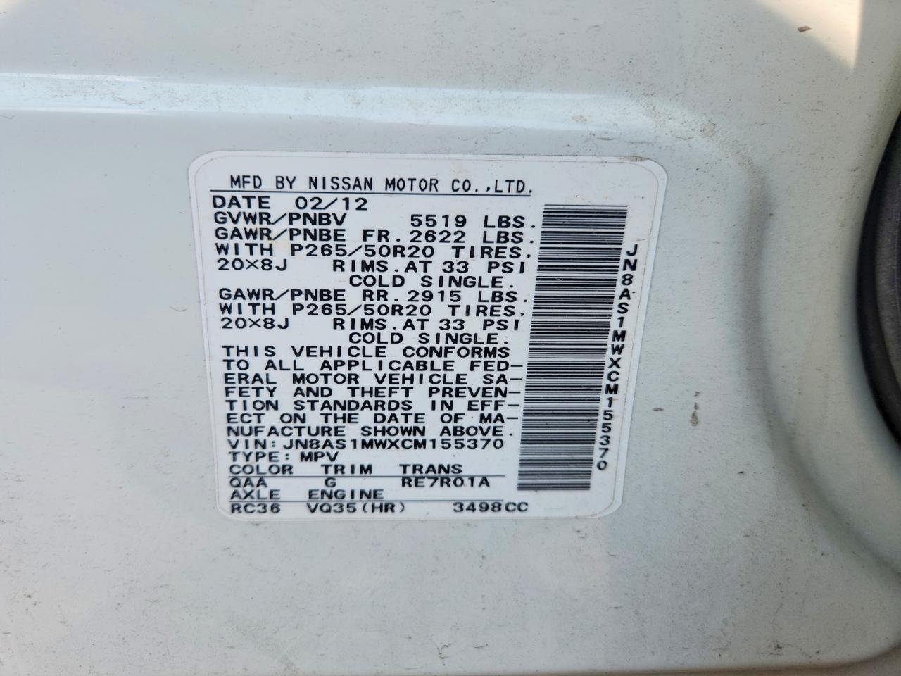 2012 Infiniti Fx35 Base White vin: JN8AS1MWXCM155370