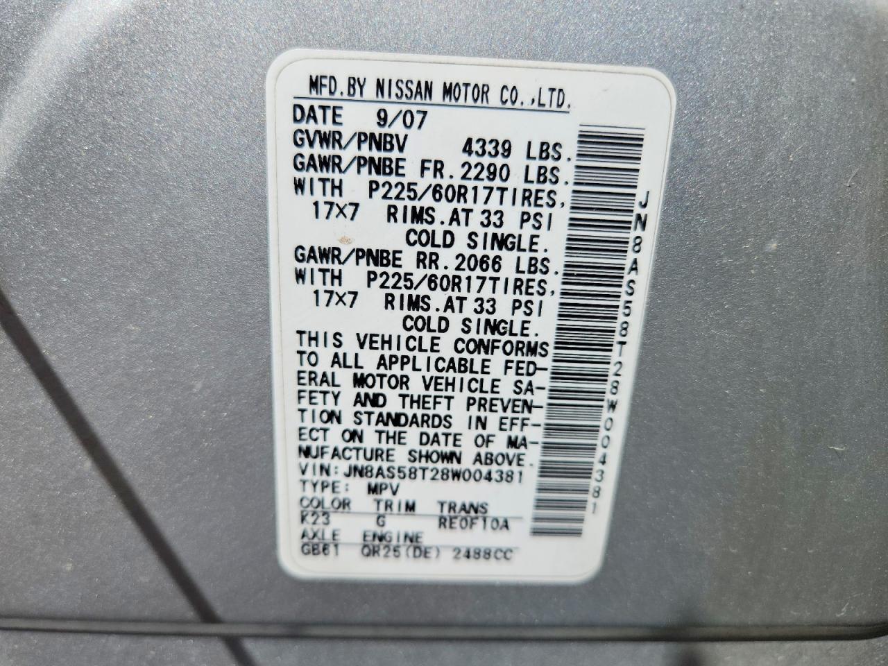 2008 Nissan Rogue S Silver vin: JN8AS58T28W004381