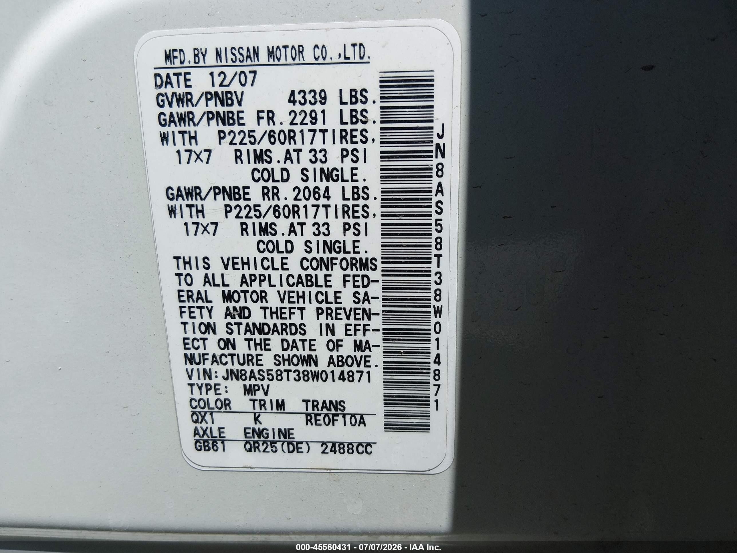 2008 Nissan Rogue Sl White vin: JN8AS58T38W014871