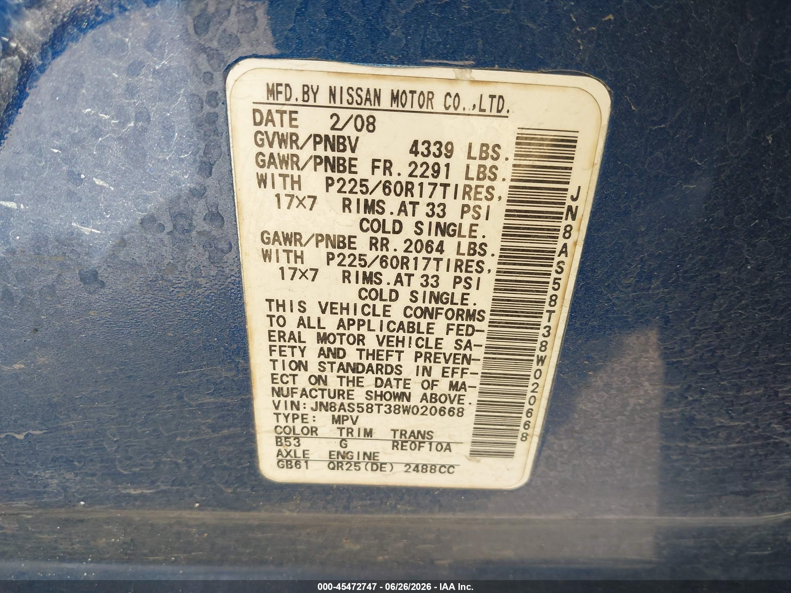 2008 Nissan Rogue Sl Blue vin: JN8AS58T38W020668