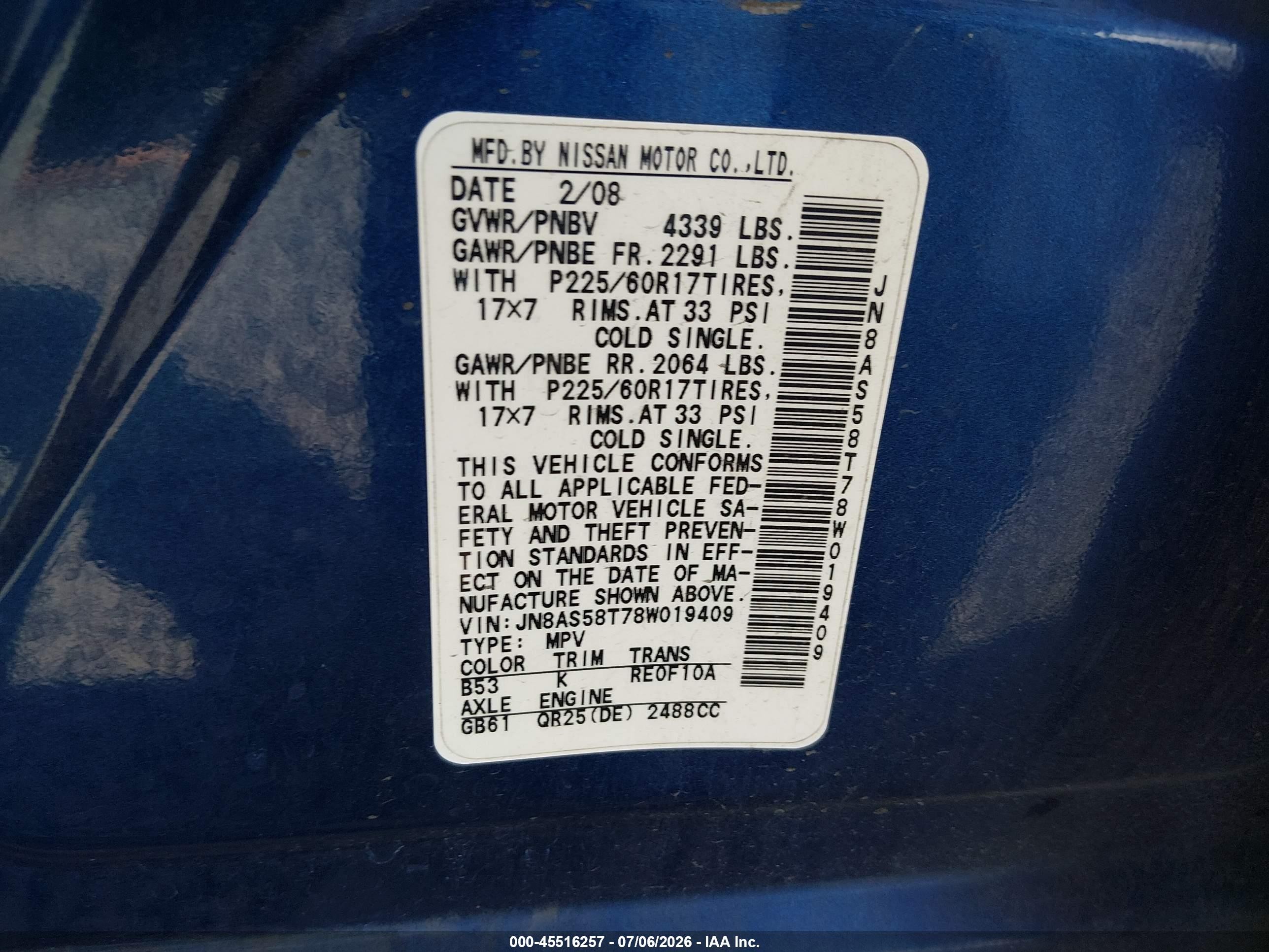2008 Nissan Rogue Sl Blue vin: JN8AS58T78W019409