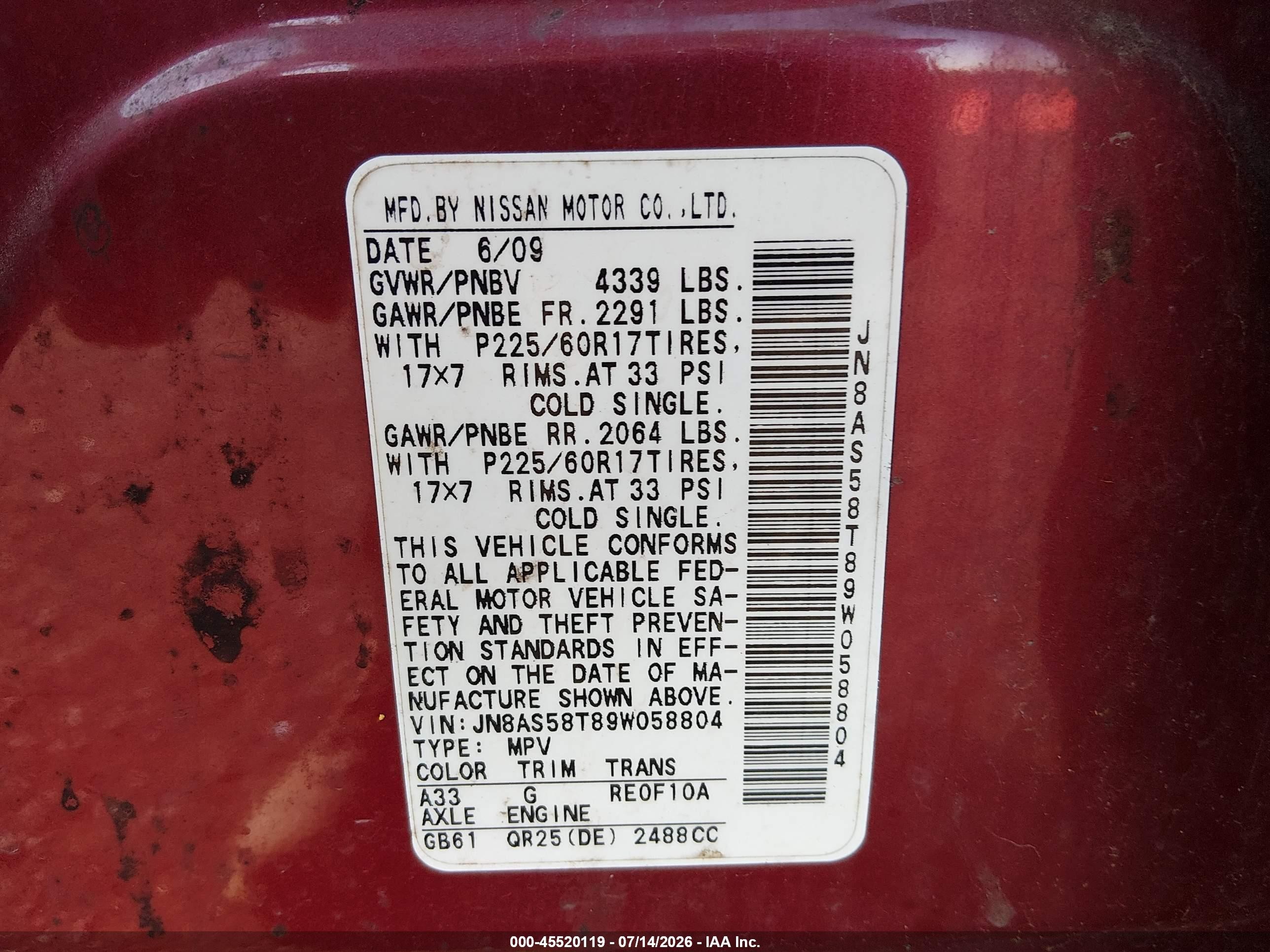 2009 Nissan Rogue Sl Red vin: JN8AS58T89W058804