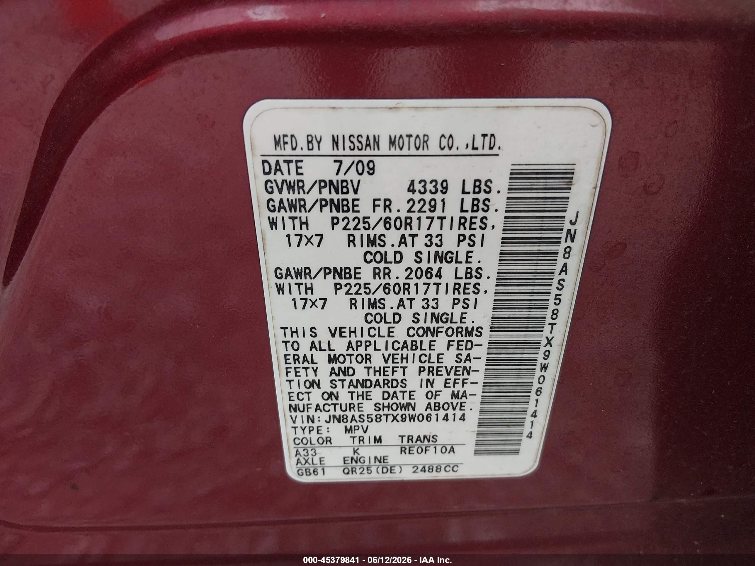 2009 Nissan Rogue Sl Red vin: JN8AS58TX9W061414