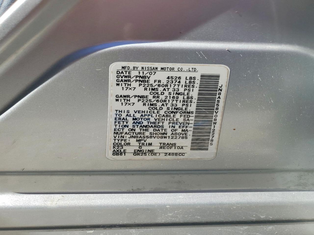 2008 Nissan Rogue Silver vin: JN8AS58V08W122785