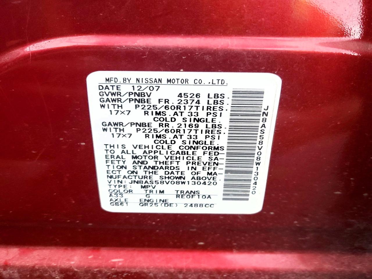 2008 Nissan Rogue S Red vin: JN8AS58V08W130420