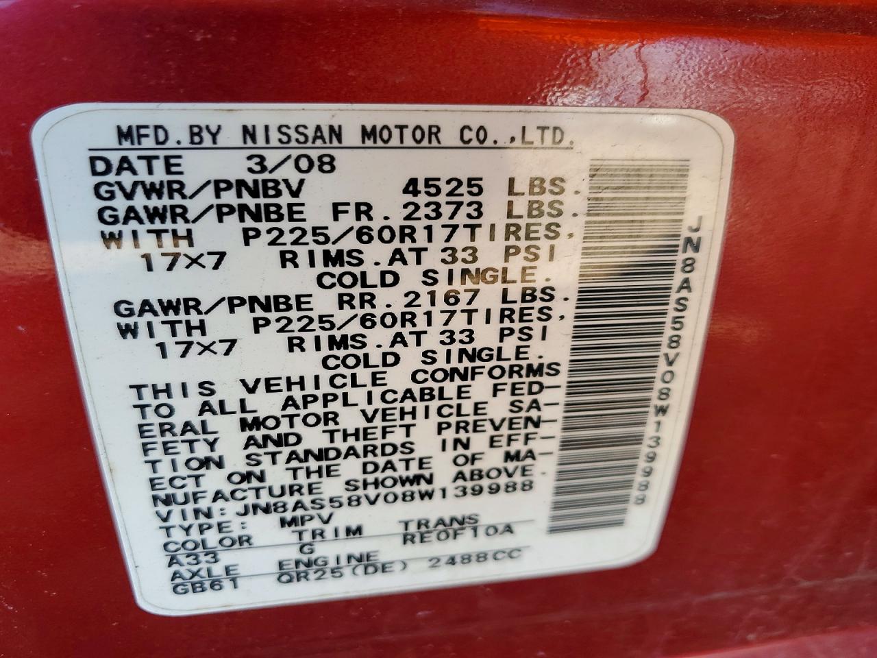 2008 Nissan Rogue Sl Red vin: JN8AS58V08W139988