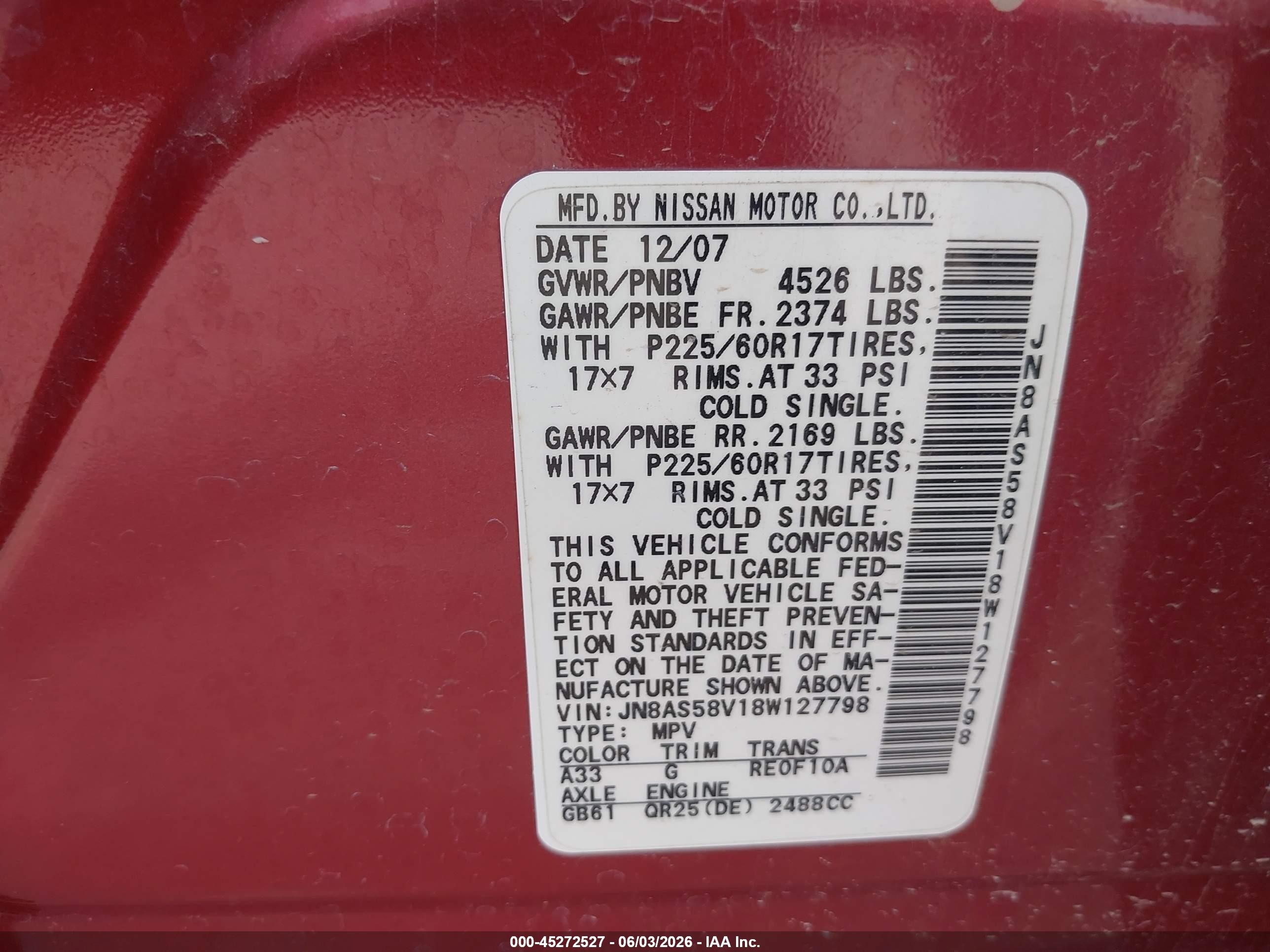 2008 Nissan Rogue Sl Red vin: JN8AS58V18W127798