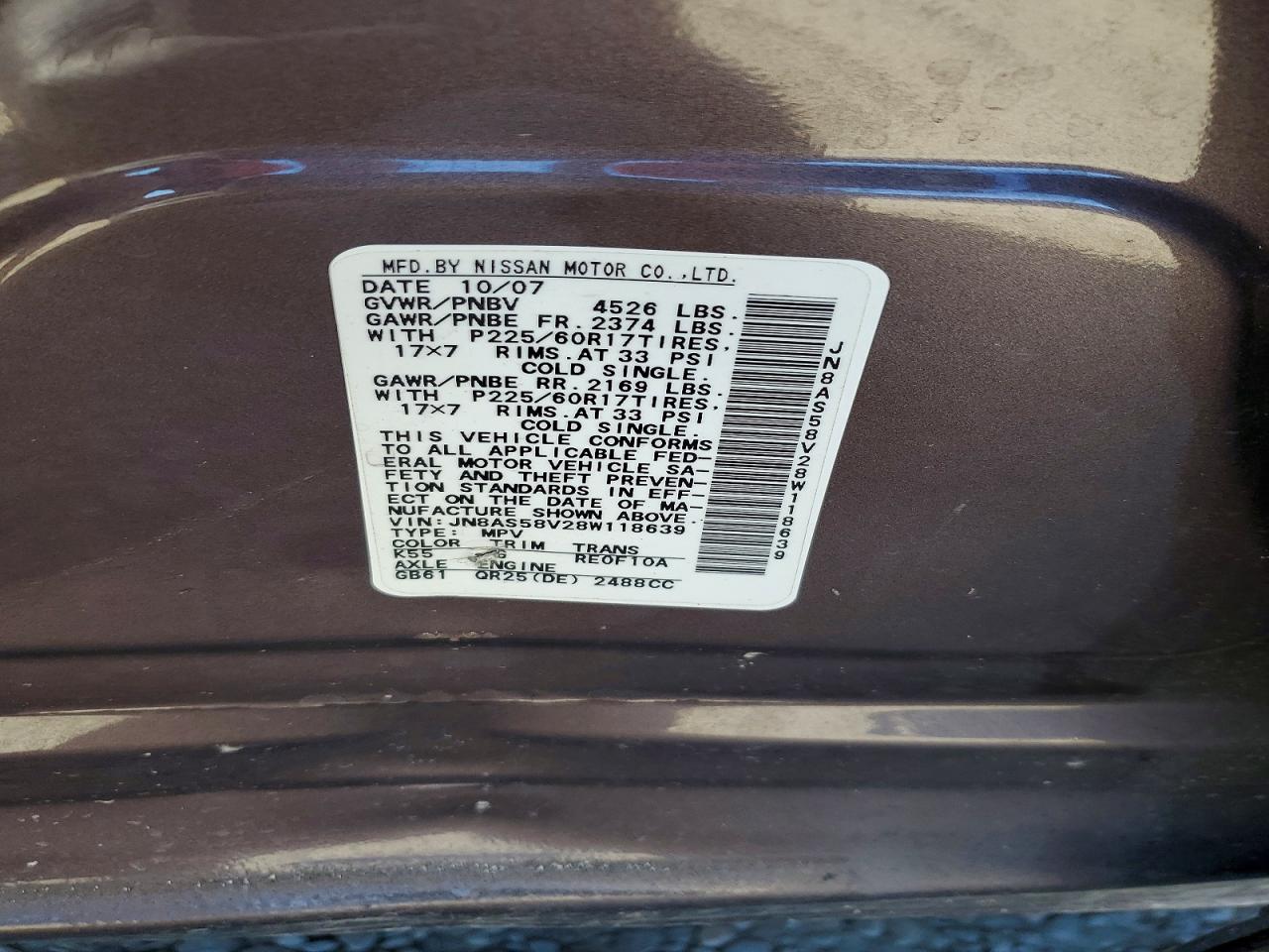 2008 Nissan Rogue S/sl Charcoal vin: JN8AS58V28W118639