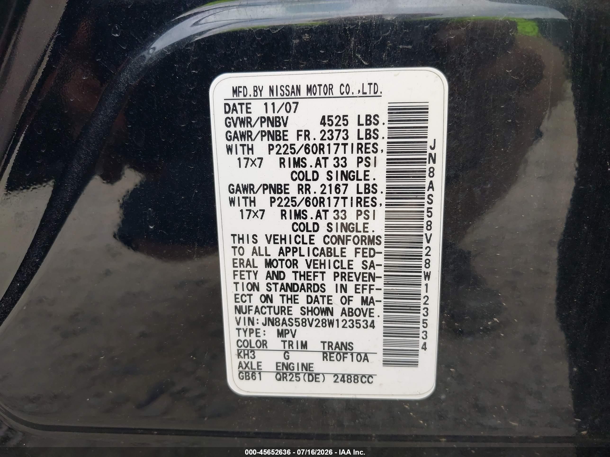 2008 Nissan Rogue Sl Black vin: JN8AS58V28W123534