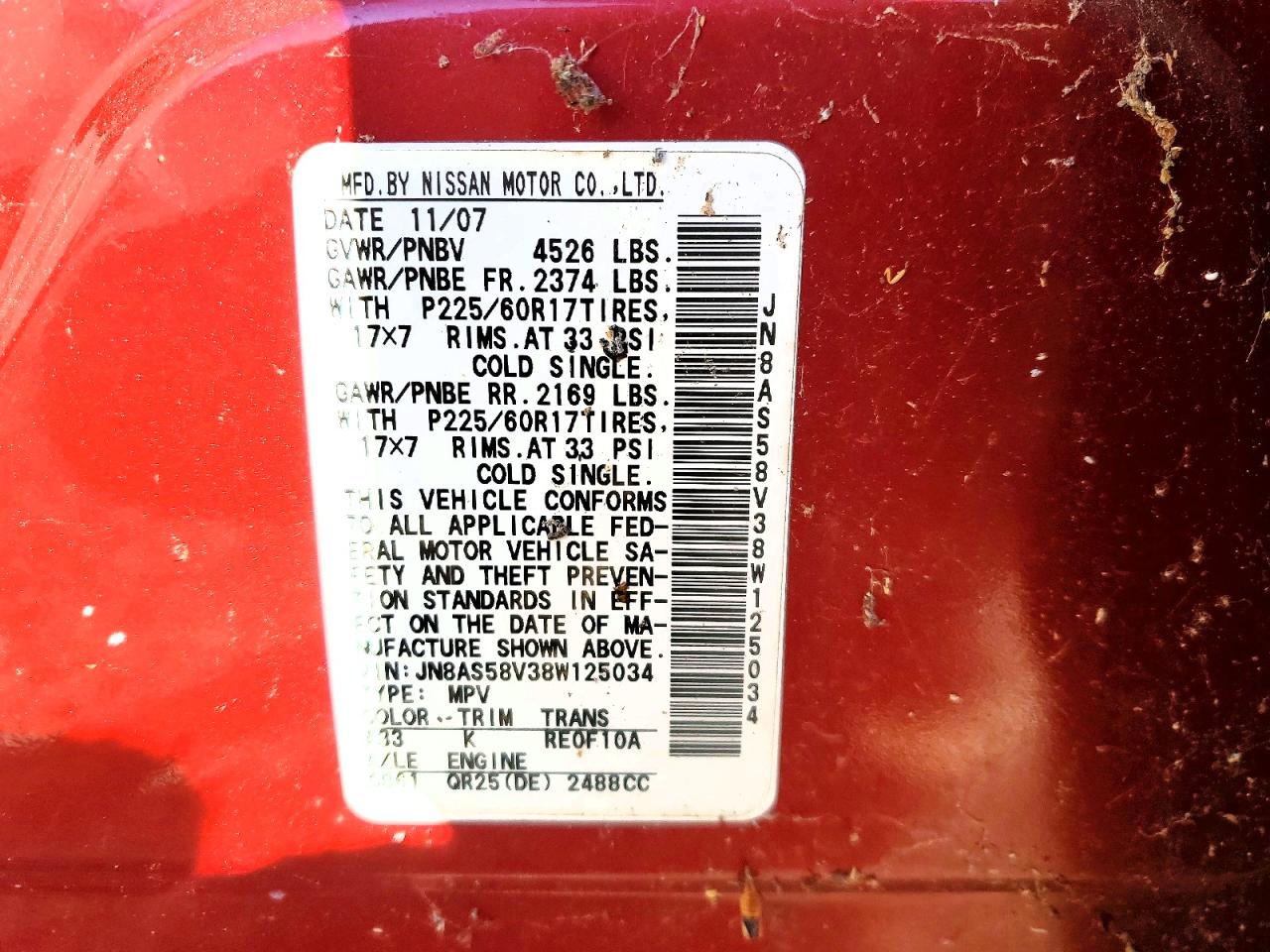 2008 Nissan Rogue S Red vin: JN8AS58V38W125034
