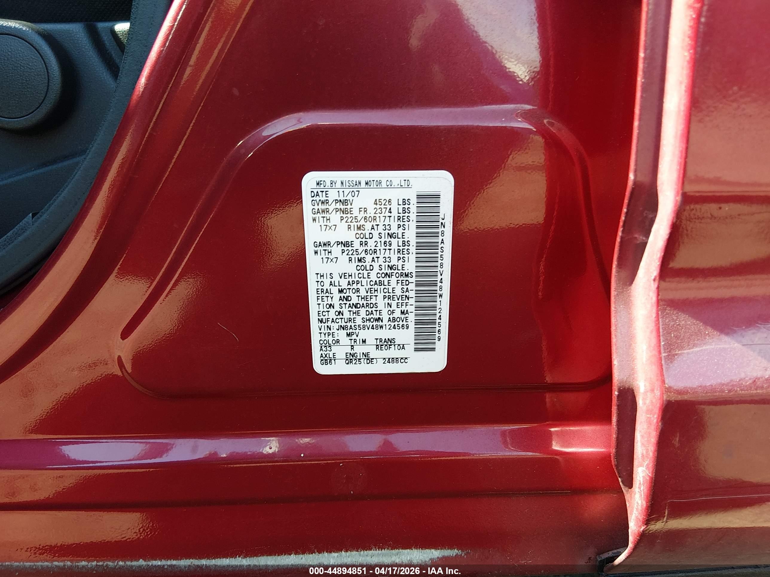 2008 Nissan Rogue Sl Red vin: JN8AS58V48W124569