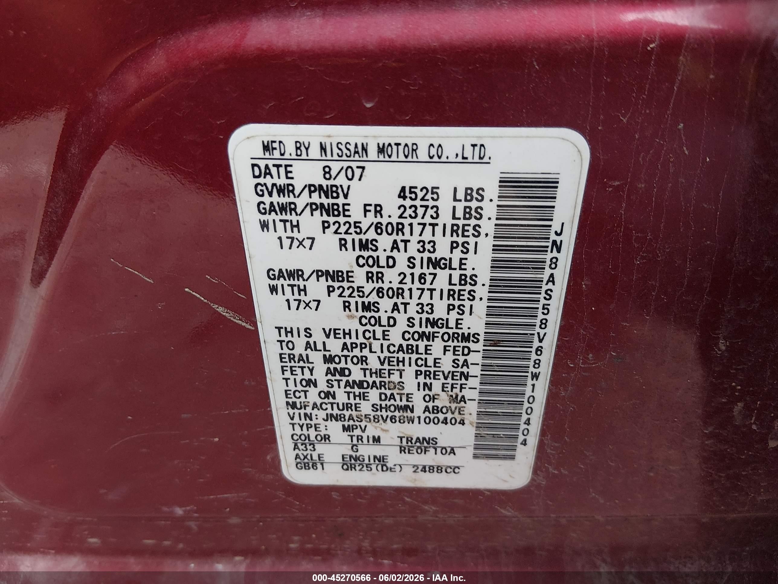 2008 Nissan Rogue Sl Maroon vin: JN8AS58V68W100404