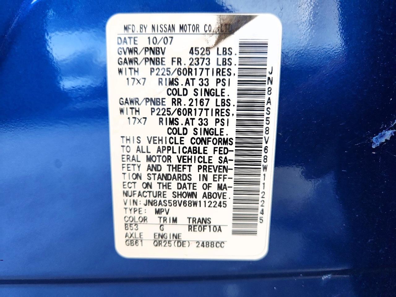 2008 Nissan Rogue S Blue vin: JN8AS58V68W112245