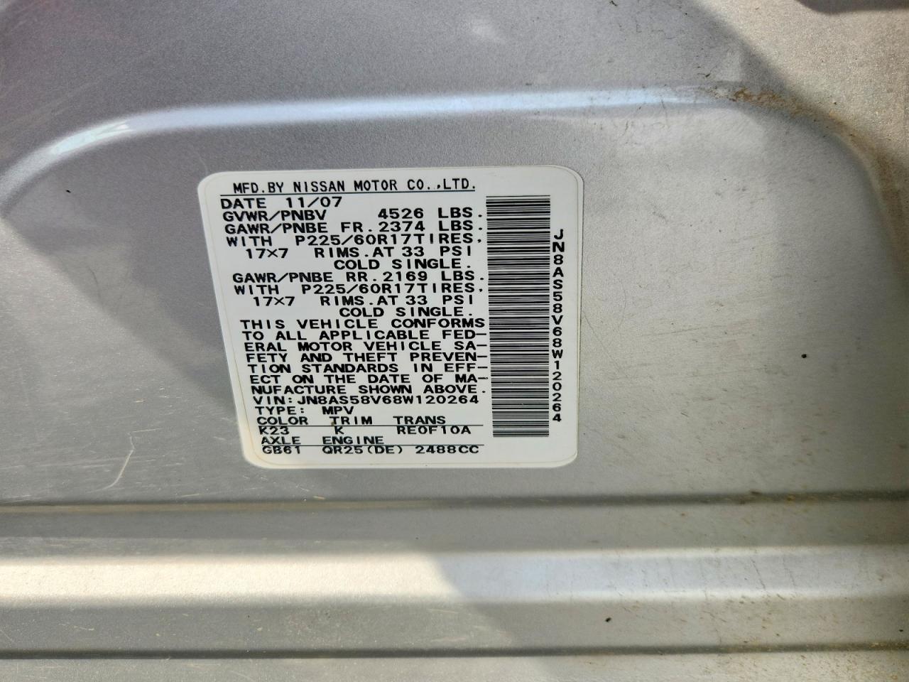 2008 Nissan Rogue S Silver vin: JN8AS58V68W120264