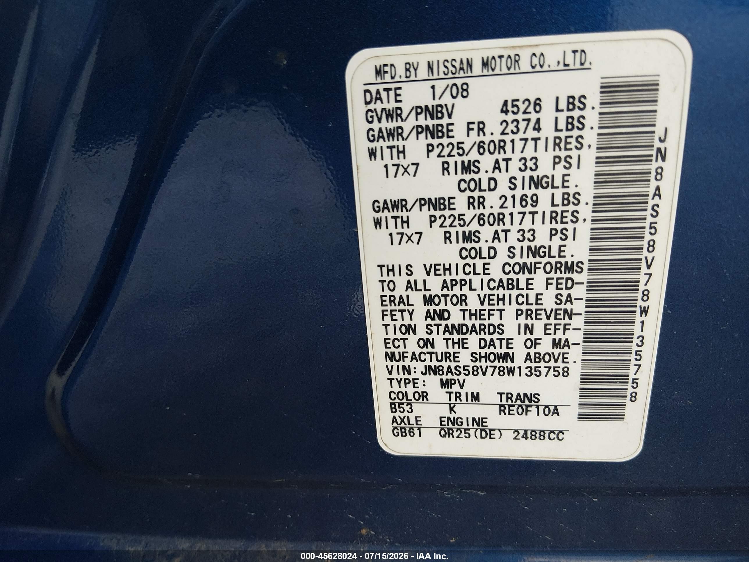 2008 Nissan Rogue Sl Blue vin: JN8AS58V78W135758