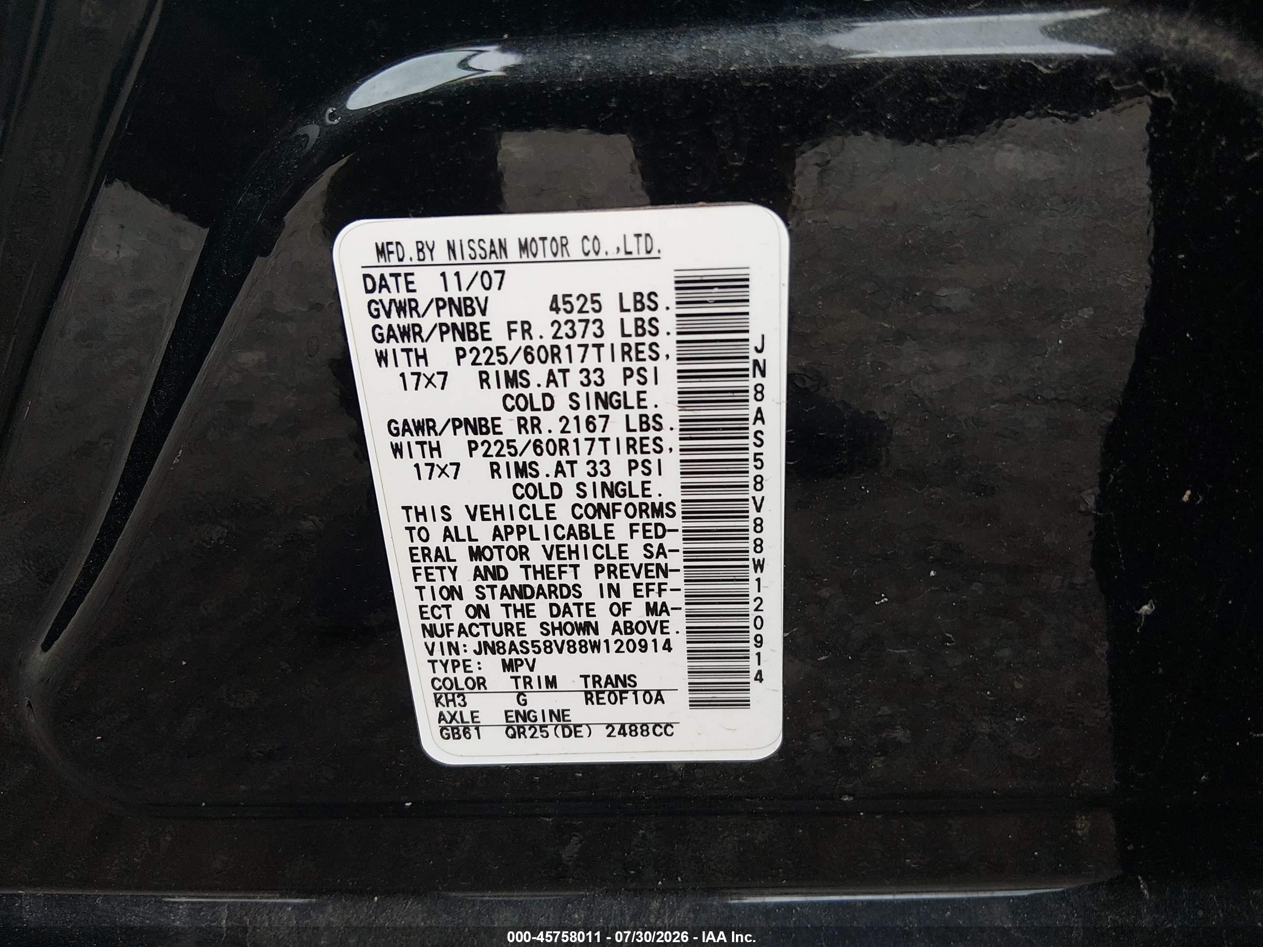 2008 Nissan Rogue Sl Black vin: JN8AS58V88W120914