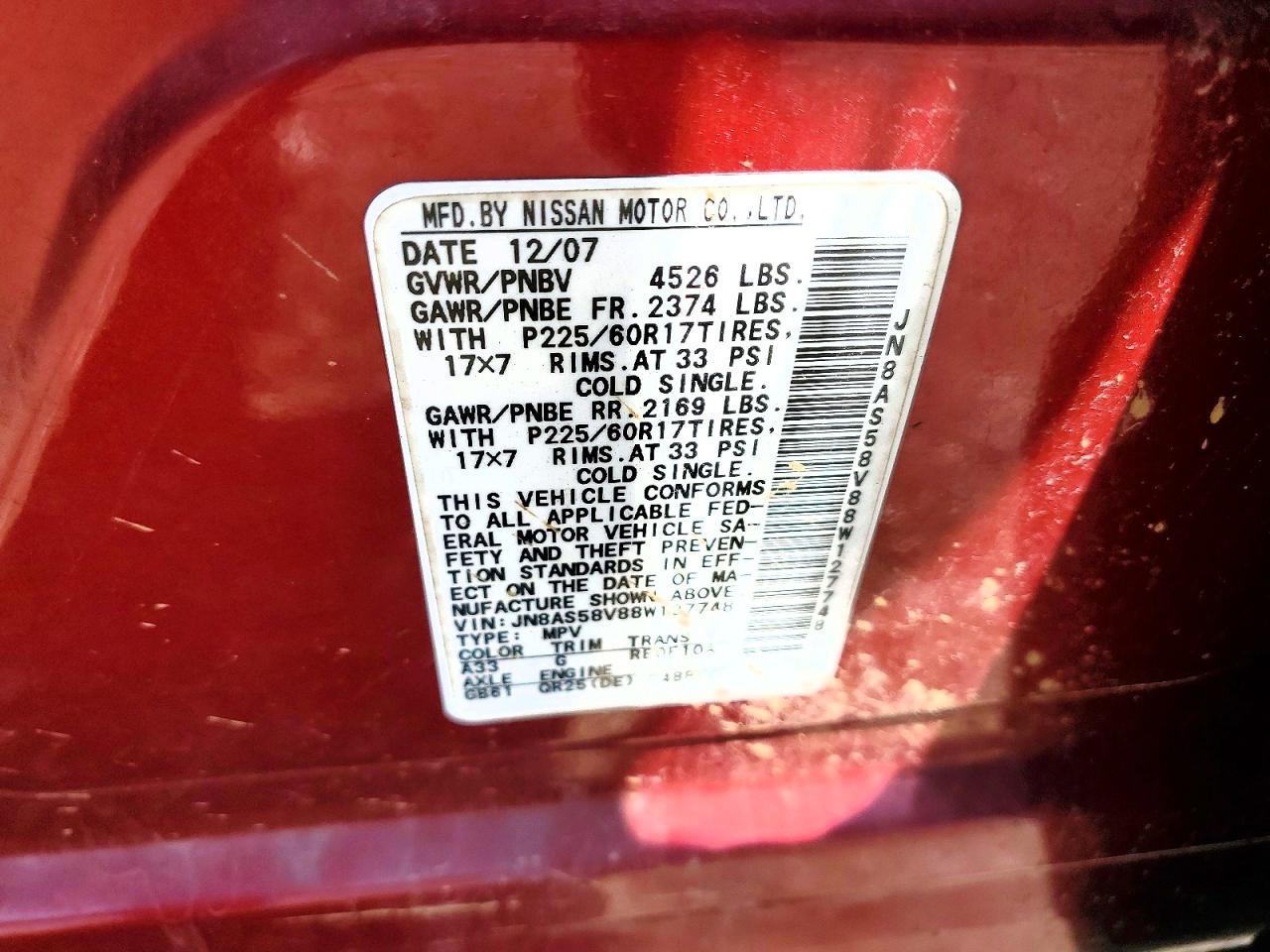 2008 Nissan Rogue S Maroon vin: JN8AS58V88W127748