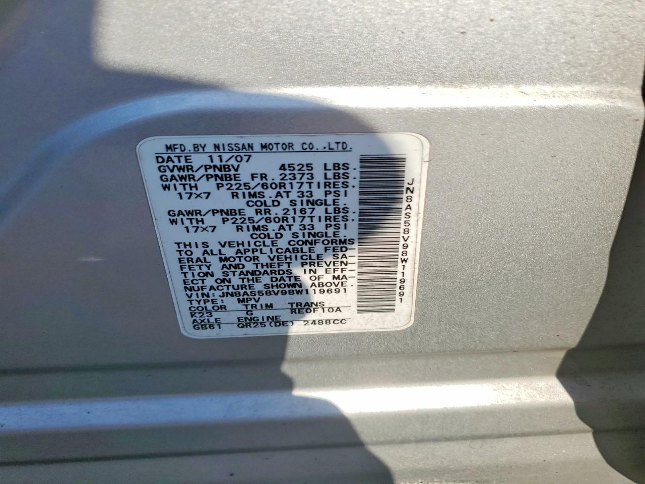 2008 Nissan Rogue S Silver vin: JN8AS58V98W119691
