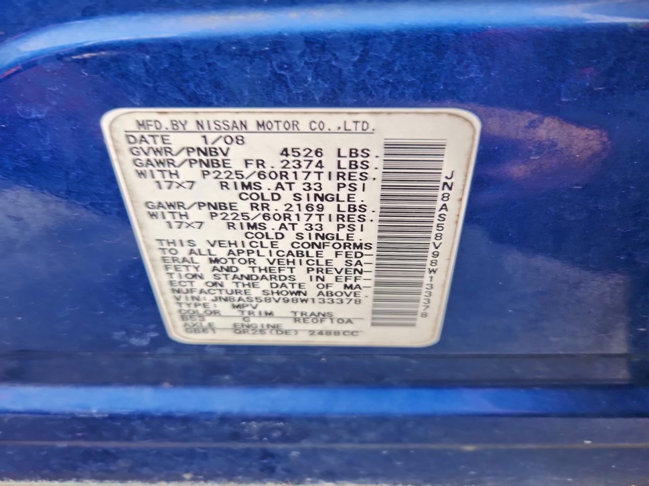 2008 Nissan Rogue S Blue vin: JN8AS58V98W133378