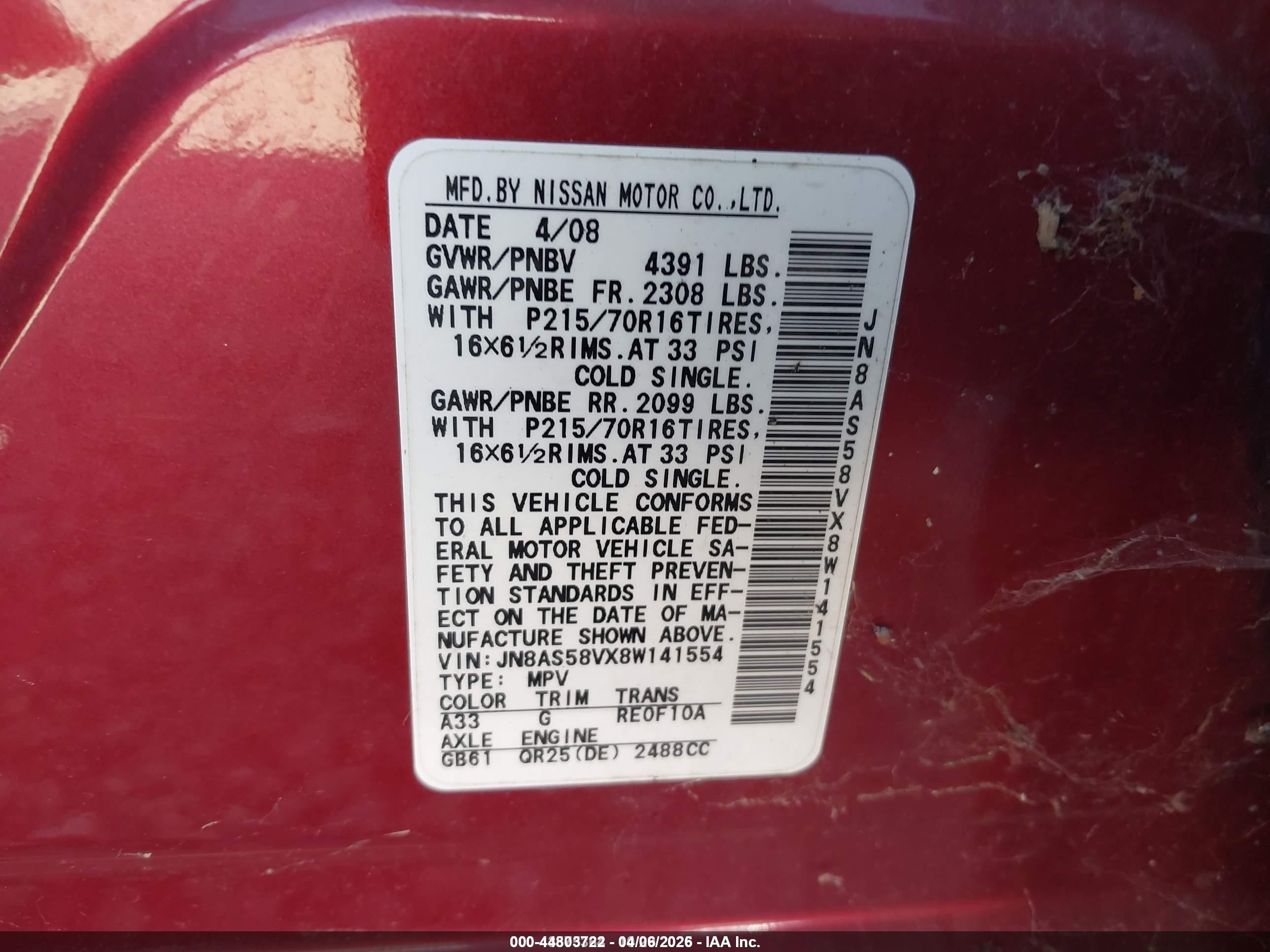 2008 Nissan Rogue S/sl Red vin: JN8AS58VX8W141554