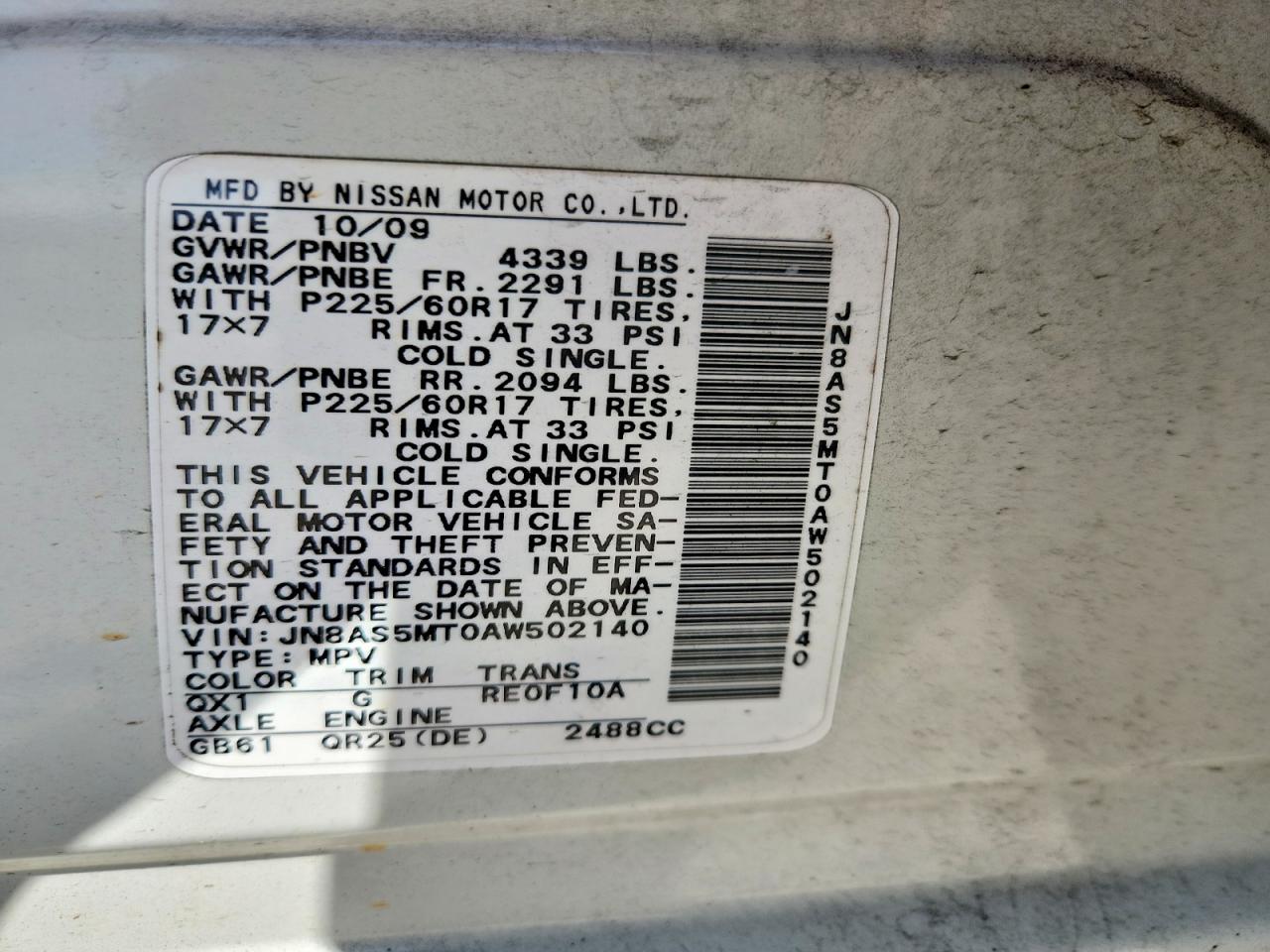 2010 Nissan Rogue Sl White vin: JN8AS5MT0AW502140