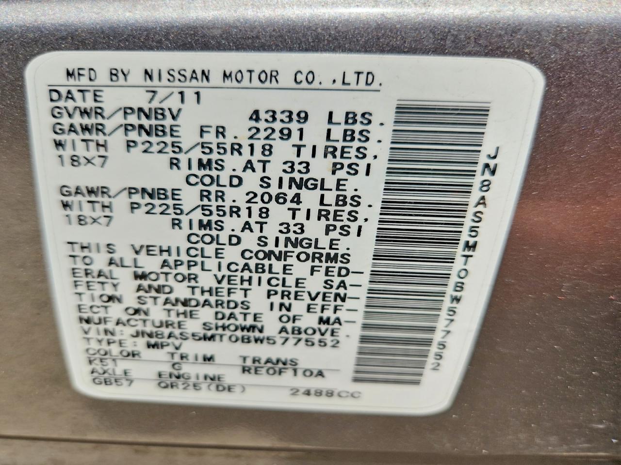 2011 Nissan Rogue S Silver vin: JN8AS5MT0BW577552