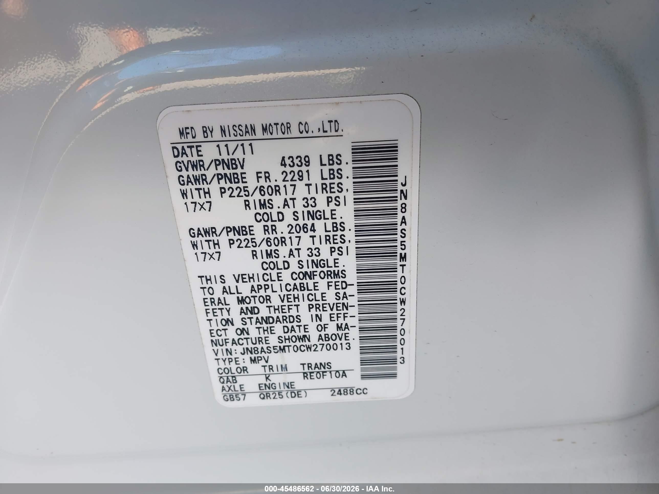 2012 Nissan Rogue Sv White vin: JN8AS5MT0CW270013