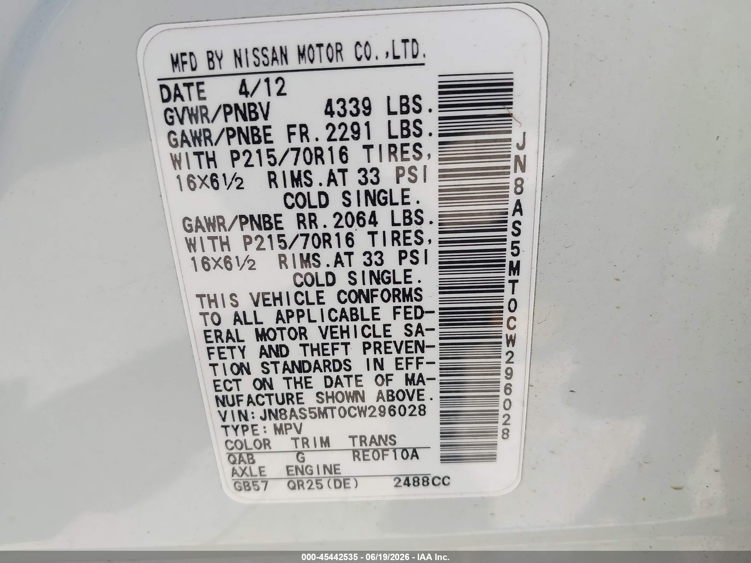 2012 Nissan Rogue S White vin: JN8AS5MT0CW296028