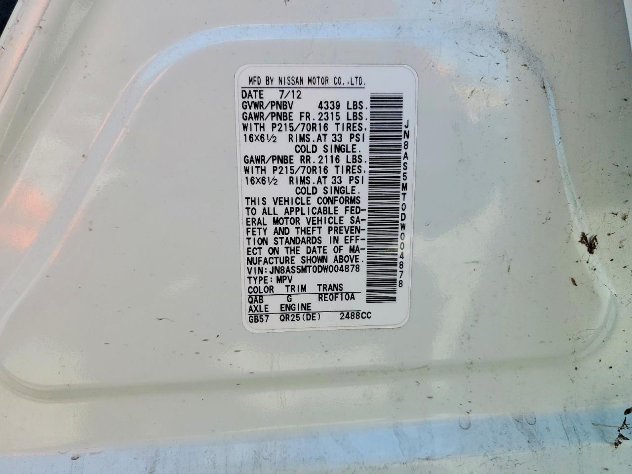 2013 Nissan Rogue S White vin: JN8AS5MT0DW004878