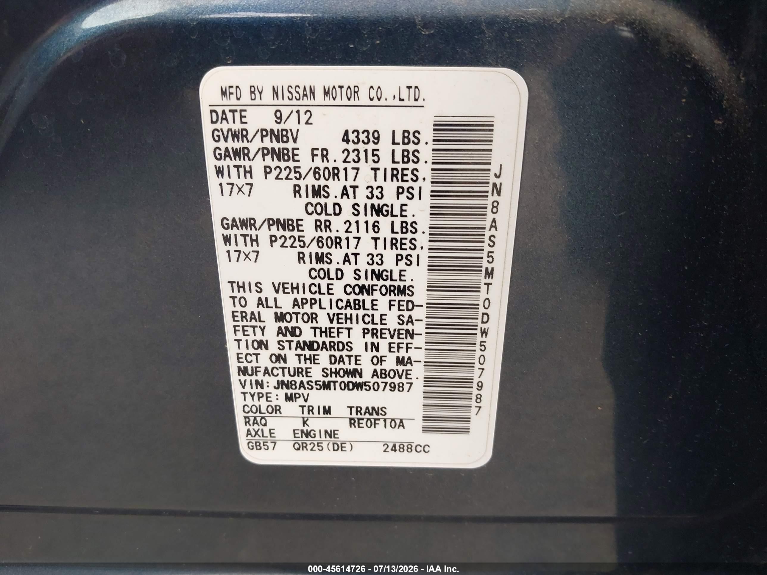 2013 Nissan Rogue Sv Navy vin: JN8AS5MT0DW507987