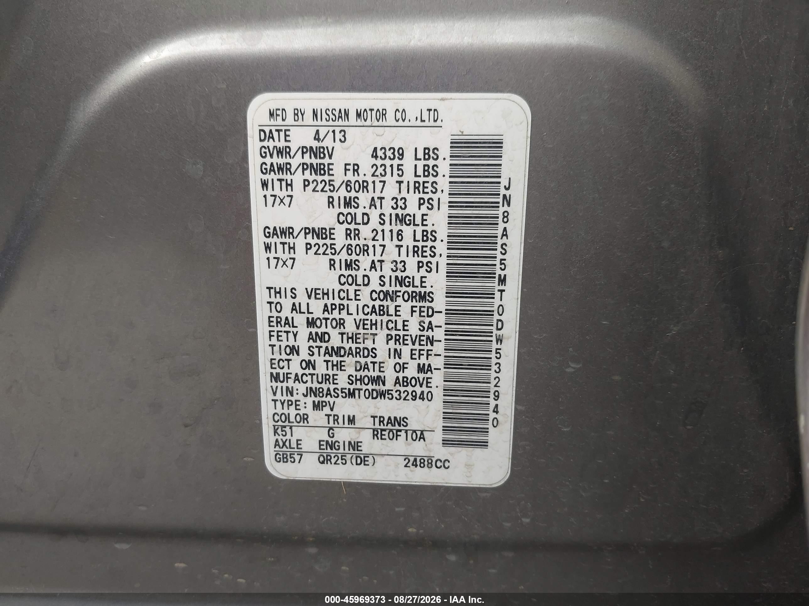 2013 Nissan Rogue Sv Gray vin: JN8AS5MT0DW532940