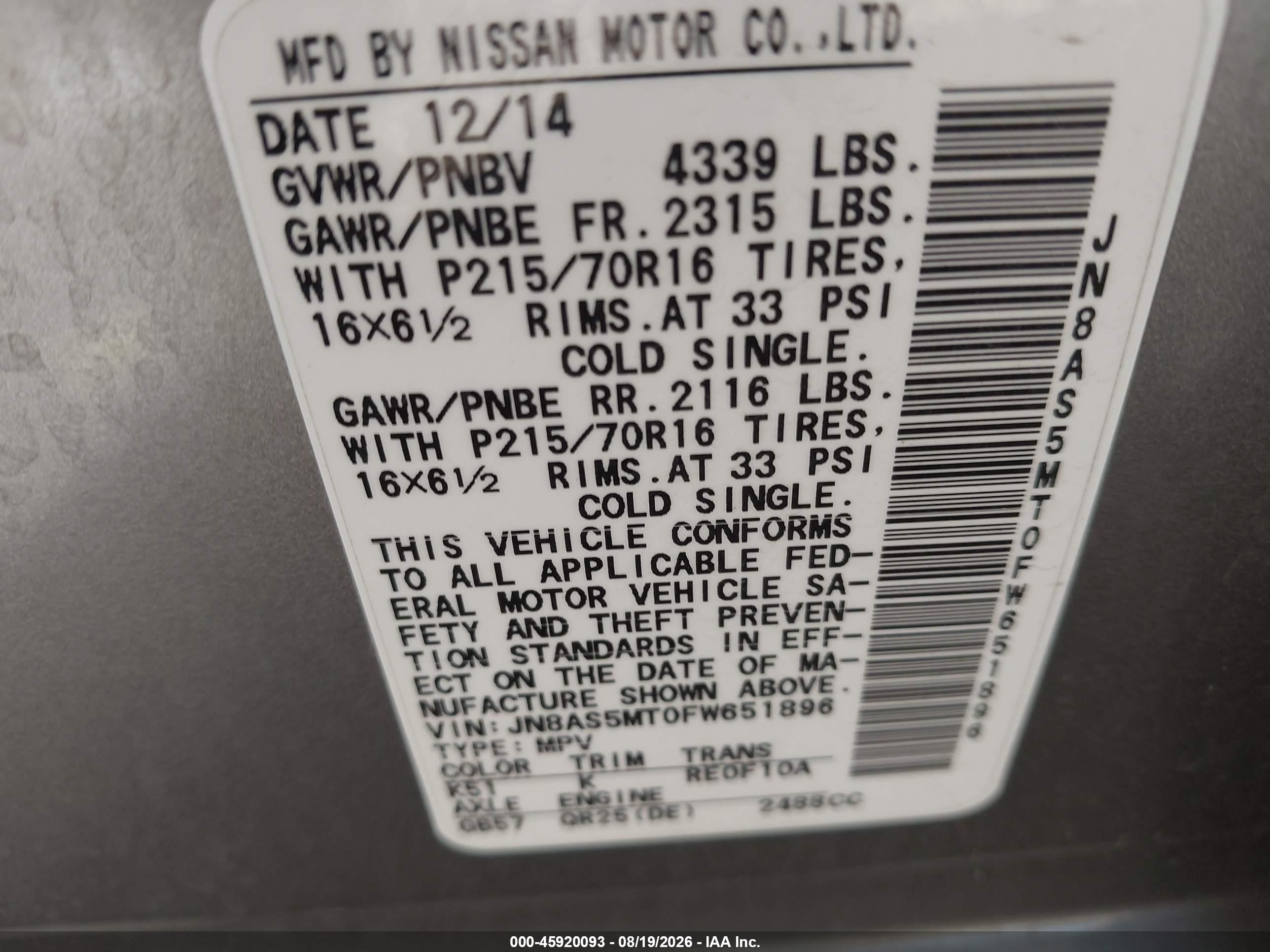 2015 Nissan Rogue Select S Gold vin: JN8AS5MT0FW651896