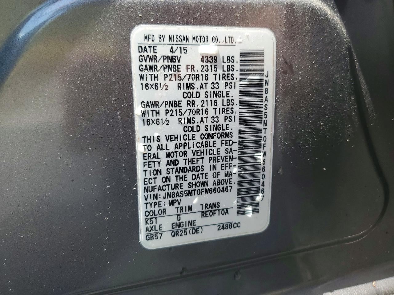 2015 Nissan Rogue Select S Silver vin: JN8AS5MT0FW660467