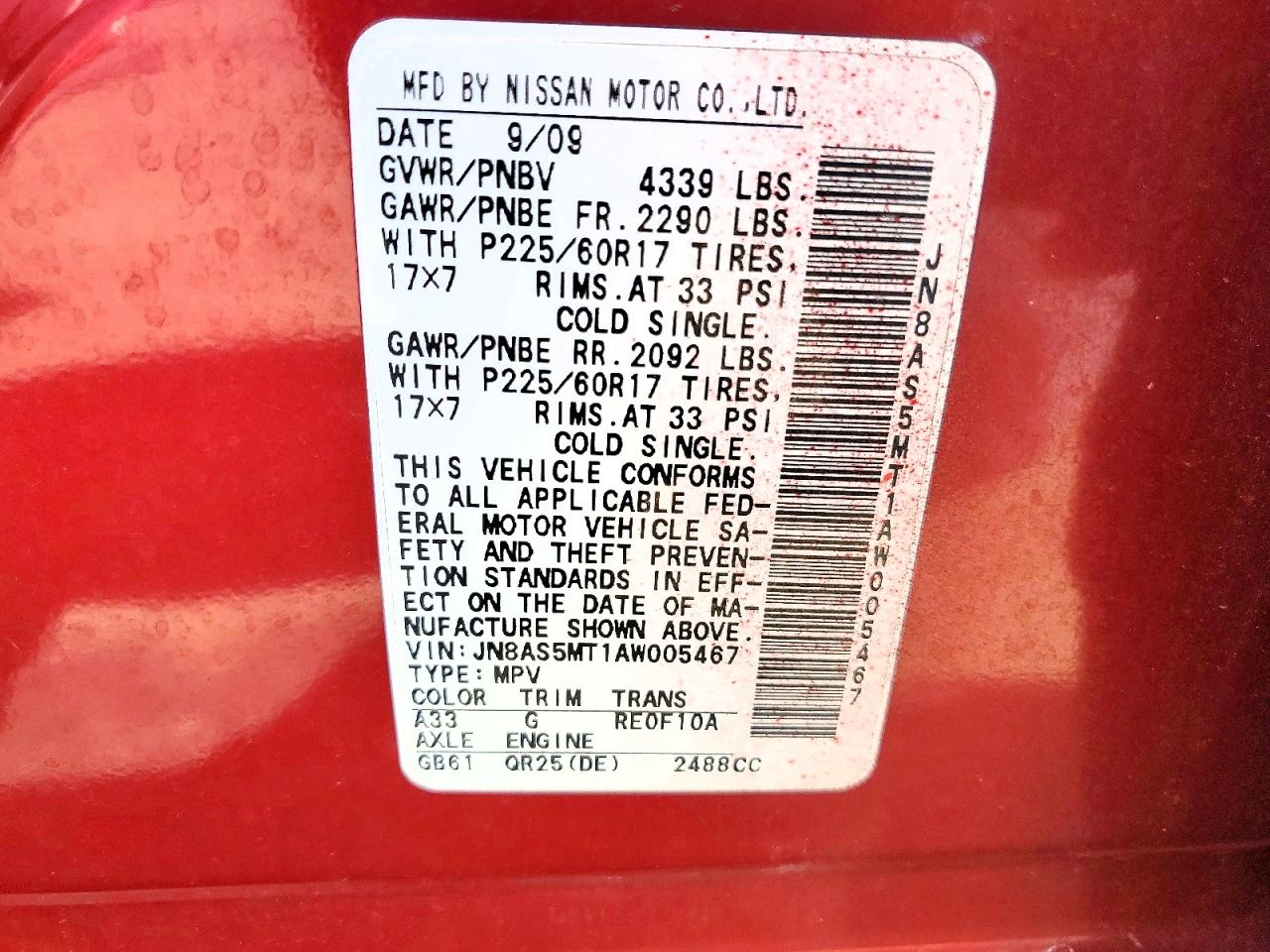 2010 Nissan Rogue Sl Red vin: JN8AS5MT1AW005467